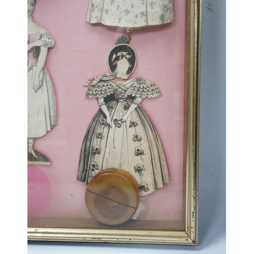 323 - An early 19th century framed Rudolph Ackermann La Poupee-Modele paper doll set, comprising of a doub... 