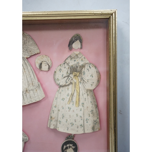 323 - An early 19th century framed Rudolph Ackermann La Poupee-Modele paper doll set, comprising of a doub... 