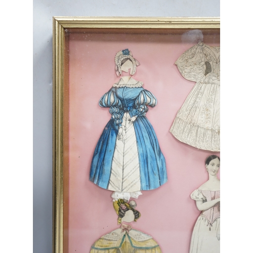 323 - An early 19th century framed Rudolph Ackermann La Poupee-Modele paper doll set, comprising of a doub... 