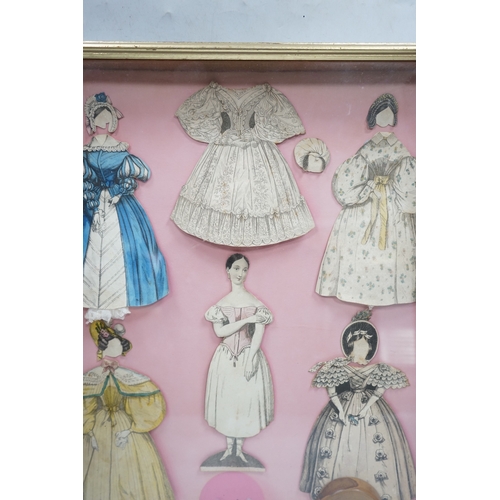 323 - An early 19th century framed Rudolph Ackermann La Poupee-Modele paper doll set, comprising of a doub... 