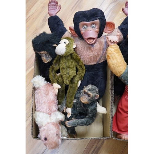 344 - A Farnells Alpha Toys monkey, seven other soft toy monkeys and a soft toy rabbit, Farnell 36cm.  Co... 