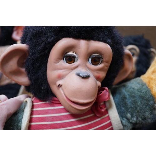 344 - A Farnells Alpha Toys monkey, seven other soft toy monkeys and a soft toy rabbit, Farnell 36cm.  Co... 