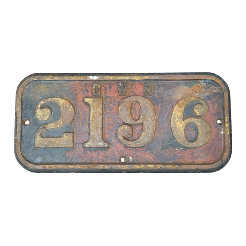 353 - A cast iron GWR locomotive cab side number plate for an 0-6-0ST locomotive, Gwendraeth 2196, built... 