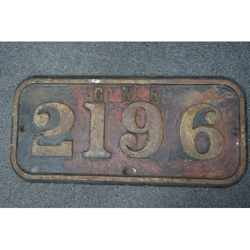 353 - A cast iron GWR locomotive cab side number plate for an 0-6-0ST locomotive, Gwendraeth 2196, built... 