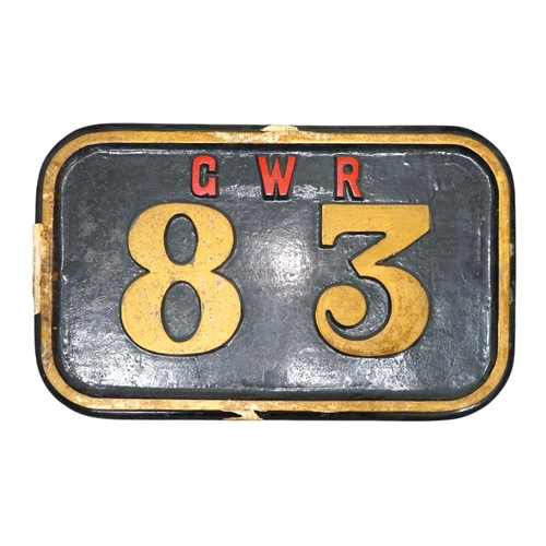 354 - A cast iron GWR locomotive cab side number plate for a P Class 0-6-2T locomotive, 83, built in 1909 ... 