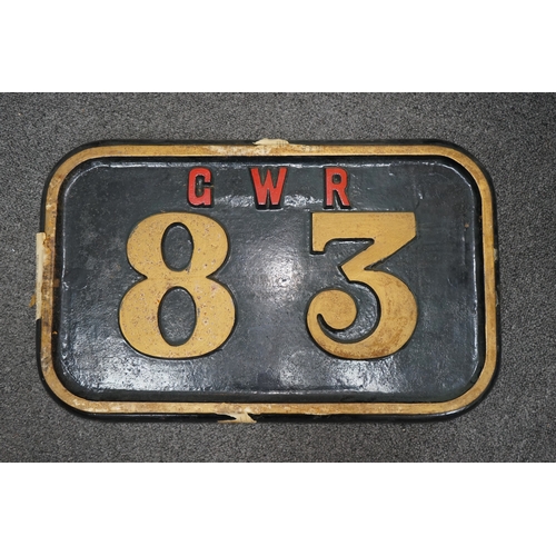 354 - A cast iron GWR locomotive cab side number plate for a P Class 0-6-2T locomotive, 83, built in 1909 ... 