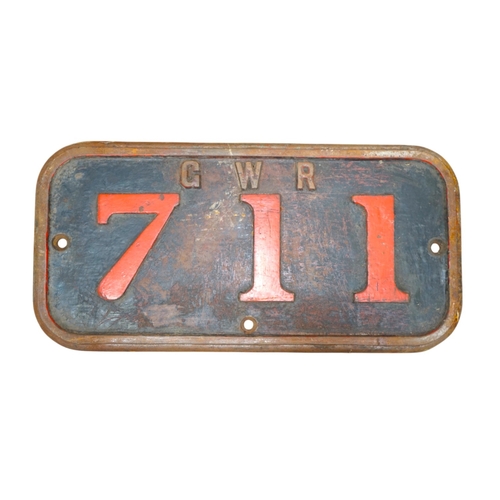 357 - A cast iron GWR locomotive cab side number plate for a Class F 0-6-0ST locomotive, 711, built in 189... 