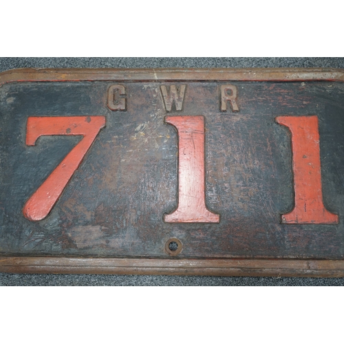 357 - A cast iron GWR locomotive cab side number plate for a Class F 0-6-0ST locomotive, 711, built in 189... 