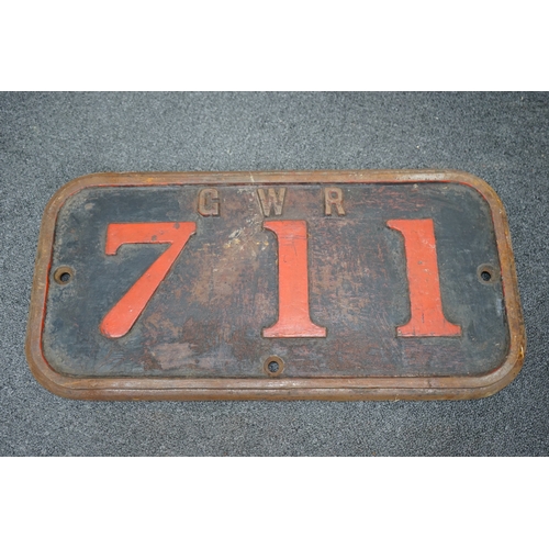 357 - A cast iron GWR locomotive cab side number plate for a Class F 0-6-0ST locomotive, 711, built in 189... 