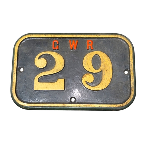 359 - A cast iron GWR locomotive cab side number plate for an 0-6-0ST locomotive, 29, later converted to a... 