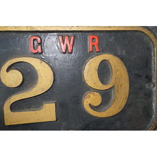 359 - A cast iron GWR locomotive cab side number plate for an 0-6-0ST locomotive, 29, later converted to a... 