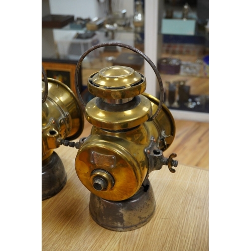 368 - A pair of brass side lamps by Lucas Ltd. Birmingham, King of the Road No.740, both with early conv... 