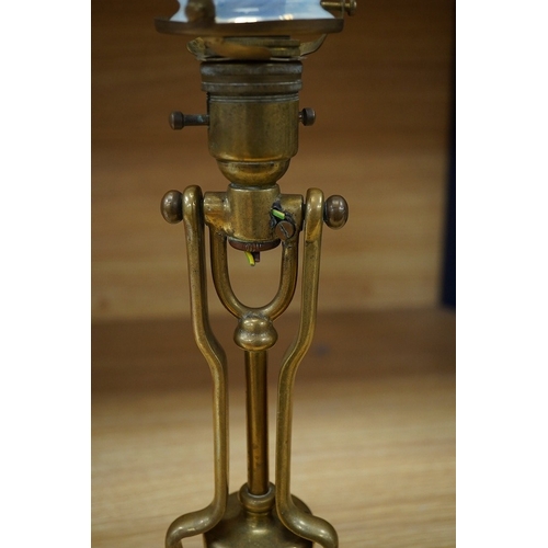 372 - A pair of brass Pullman lamps with gimbal stems and Vaseline glass shades, modelled for wall mountin... 