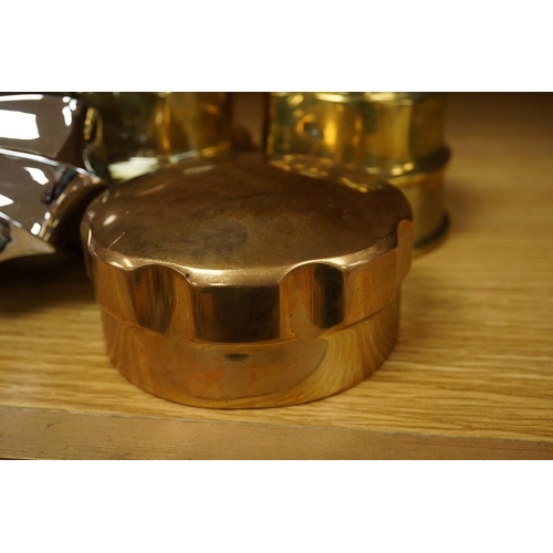 374 - Six substantial Victorian brass wagon axle hubs, all threaded internally, together with two Daimler ... 