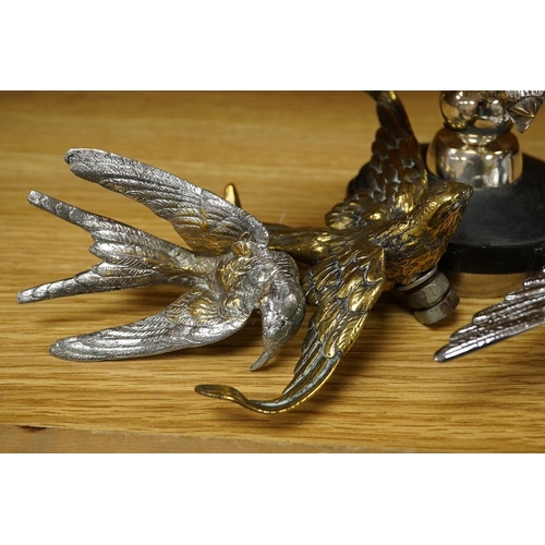 377 - Five chrome plated bird themed car mascots, including three swallows, a partridge and an eagle. Cond... 