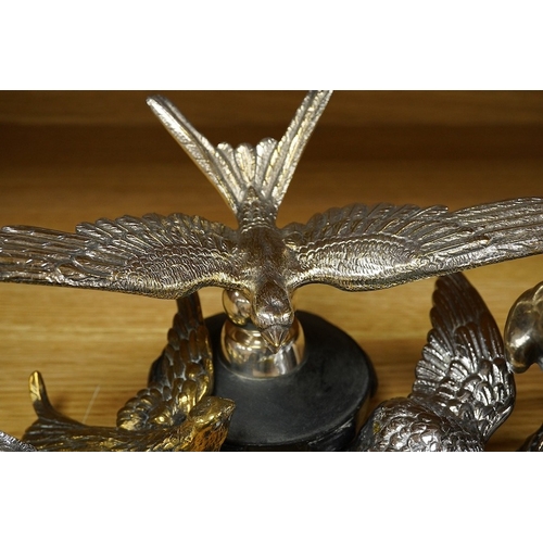 377 - Five chrome plated bird themed car mascots, including three swallows, a partridge and an eagle. Cond... 