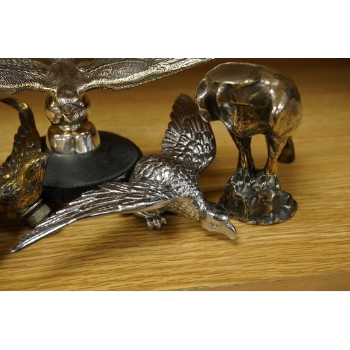 377 - Five chrome plated bird themed car mascots, including three swallows, a partridge and an eagle. Cond... 