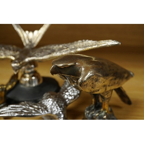 377 - Five chrome plated bird themed car mascots, including three swallows, a partridge and an eagle. Cond... 