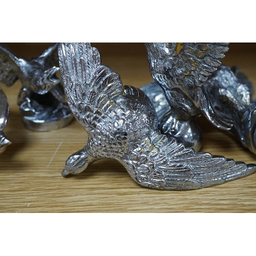 383 - Five chrome plated bird themed car mascots, including a swallow, a partridge, and three eagles. Cond... 