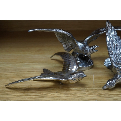 383 - Five chrome plated bird themed car mascots, including a swallow, a partridge, and three eagles. Cond... 