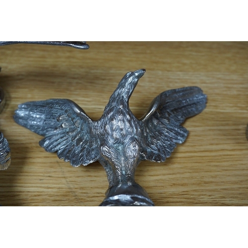 383 - Five chrome plated bird themed car mascots, including a swallow, a partridge, and three eagles. Cond... 