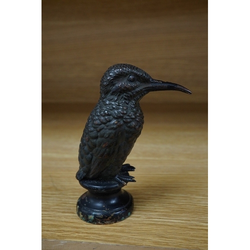 384 - A cold painted bronze car mascot in the form of a kingfisher mounted on a circular socle, 12.5cm hig... 