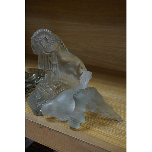 386 - Two Lalique glass figures; a kneeling woman and deer group, a budgerigar, together with a Ronson Se... 