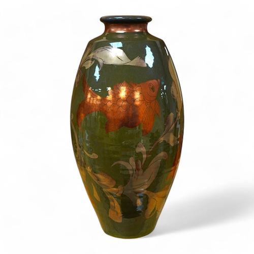 404 - A Jonathan Chiswell Jones lustre vase hand painted with carp, signed to the base, 30cm high. Conditi... 