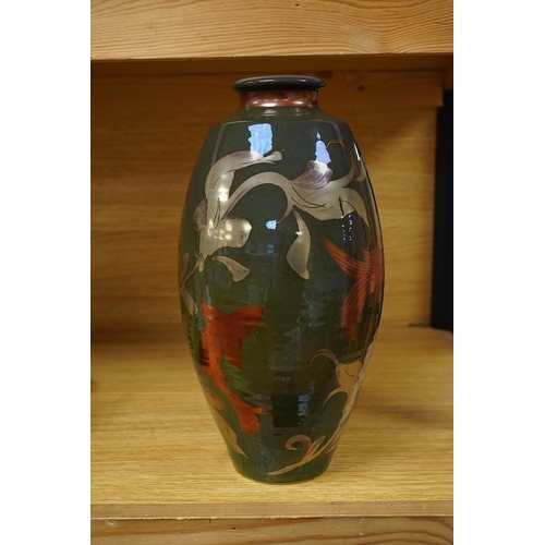 404 - A Jonathan Chiswell Jones lustre vase hand painted with carp, signed to the base, 30cm high. Conditi... 