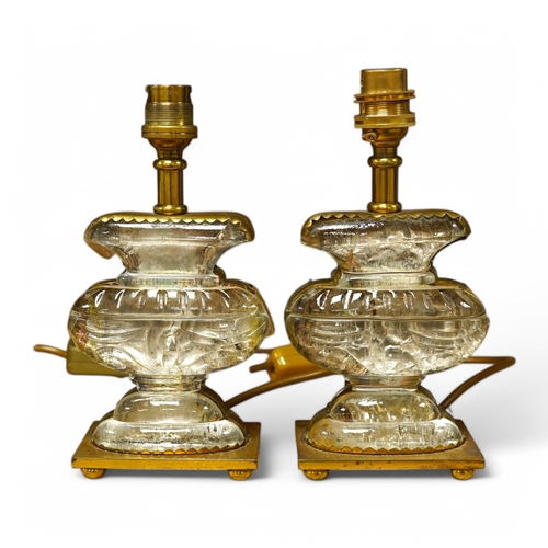 405 - A pair of French Maison Bagues brass mounted crystal glass lamps, 22cm high overall. Condition - poo... 