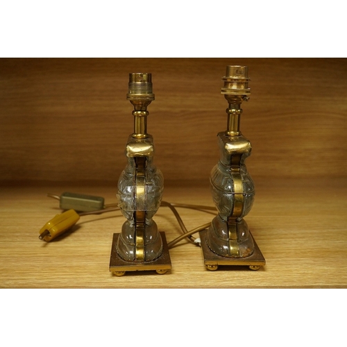 405 - A pair of French Maison Bagues brass mounted crystal glass lamps, 22cm high overall. Condition - poo... 