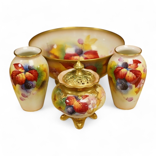 407 - Four pieces of Royal Worcester porcelain hand painted with fruit and flowers by Kitty Blake, largest... 