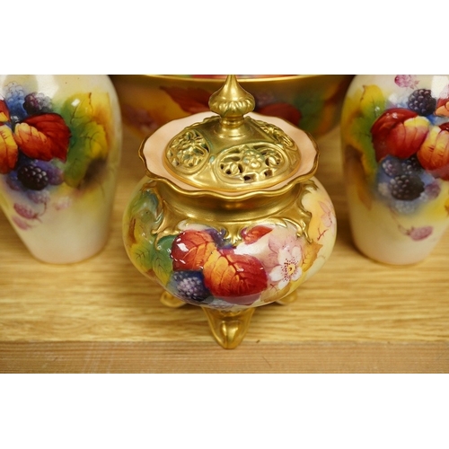 407 - Four pieces of Royal Worcester porcelain hand painted with fruit and flowers by Kitty Blake, largest... 