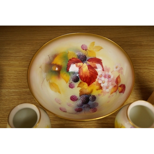 407 - Four pieces of Royal Worcester porcelain hand painted with fruit and flowers by Kitty Blake, largest... 