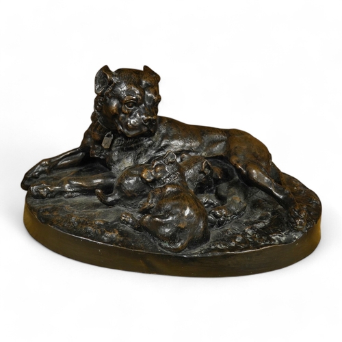 408 - After W. Wolfe, a resin Bull Mastiff dog group, 34cm wide. Condition - poor