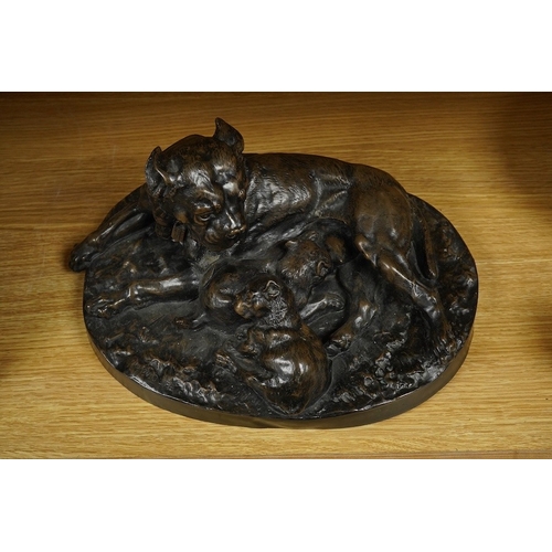 408 - After W. Wolfe, a resin Bull Mastiff dog group, 34cm wide. Condition - poor