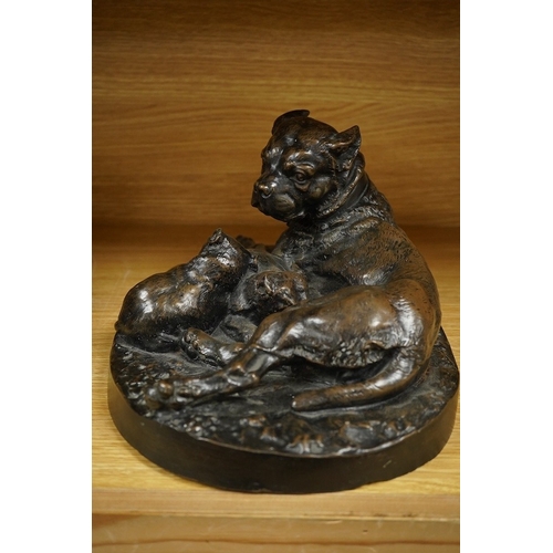 408 - After W. Wolfe, a resin Bull Mastiff dog group, 34cm wide. Condition - poor