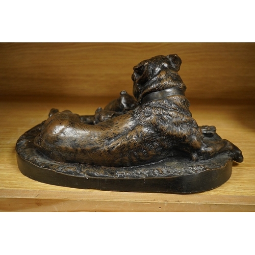 408 - After W. Wolfe, a resin Bull Mastiff dog group, 34cm wide. Condition - poor