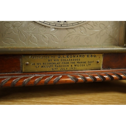 415 - A mahogany mantel clock, retailed by J. W. Benson, c.1930, with engraved silvered dial, with key, 27... 