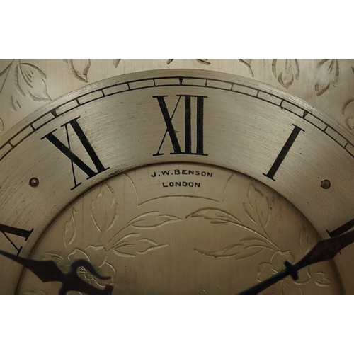 415 - A mahogany mantel clock, retailed by J. W. Benson, c.1930, with engraved silvered dial, with key, 27... 