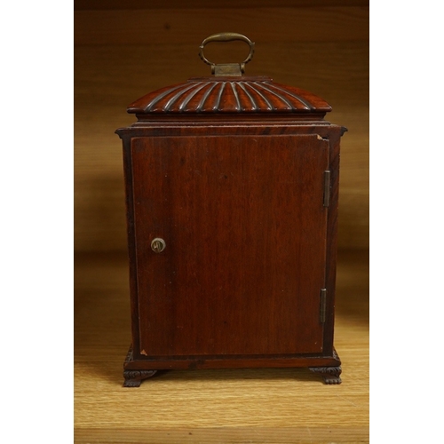 415 - A mahogany mantel clock, retailed by J. W. Benson, c.1930, with engraved silvered dial, with key, 27... 