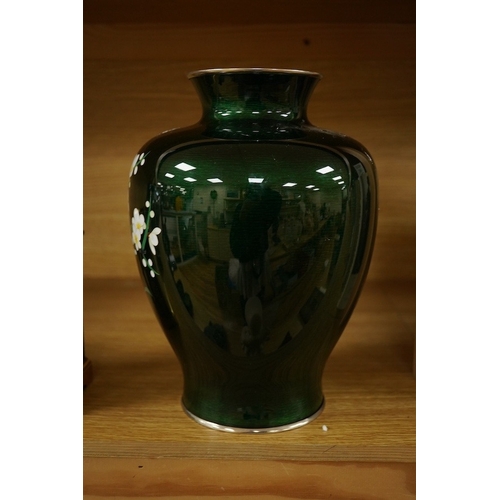 418 - A mid 20th century Japanese green ginbari ground silver wire cloisonné enamel vase, 25cm. Condition ... 