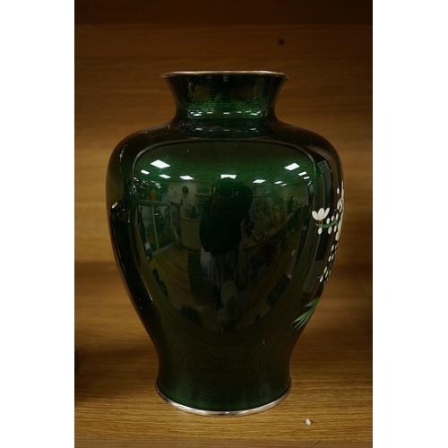 418 - A mid 20th century Japanese green ginbari ground silver wire cloisonné enamel vase, 25cm. Condition ... 