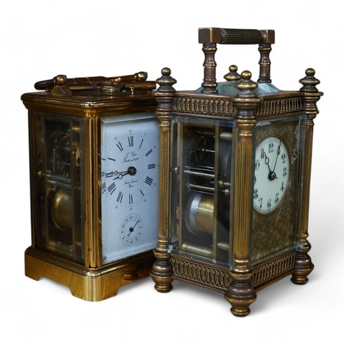 419 - A French brass repeating carriage clock, together with another enamelled dial carriage clock, both w... 