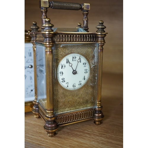 419 - A French brass repeating carriage clock, together with another enamelled dial carriage clock, both w... 