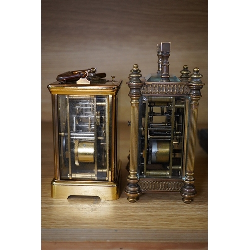 419 - A French brass repeating carriage clock, together with another enamelled dial carriage clock, both w... 