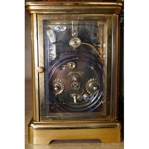 419 - A French brass repeating carriage clock, together with another enamelled dial carriage clock, both w... 