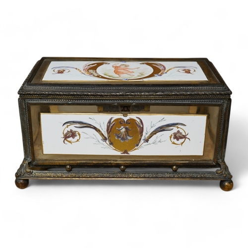 421 - An early 20th century French painted glass and gilt metal casket, 20cm wide. Condition - fair