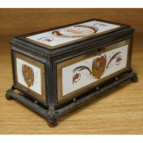 421 - An early 20th century French painted glass and gilt metal casket, 20cm wide. Condition - fair