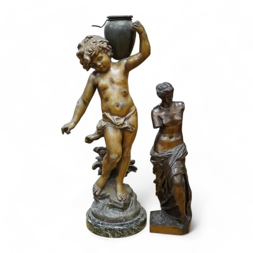 424 - After Auguste Moreau, a 19th century French bronzed spelter figure of an amorini carrying a water pi... 